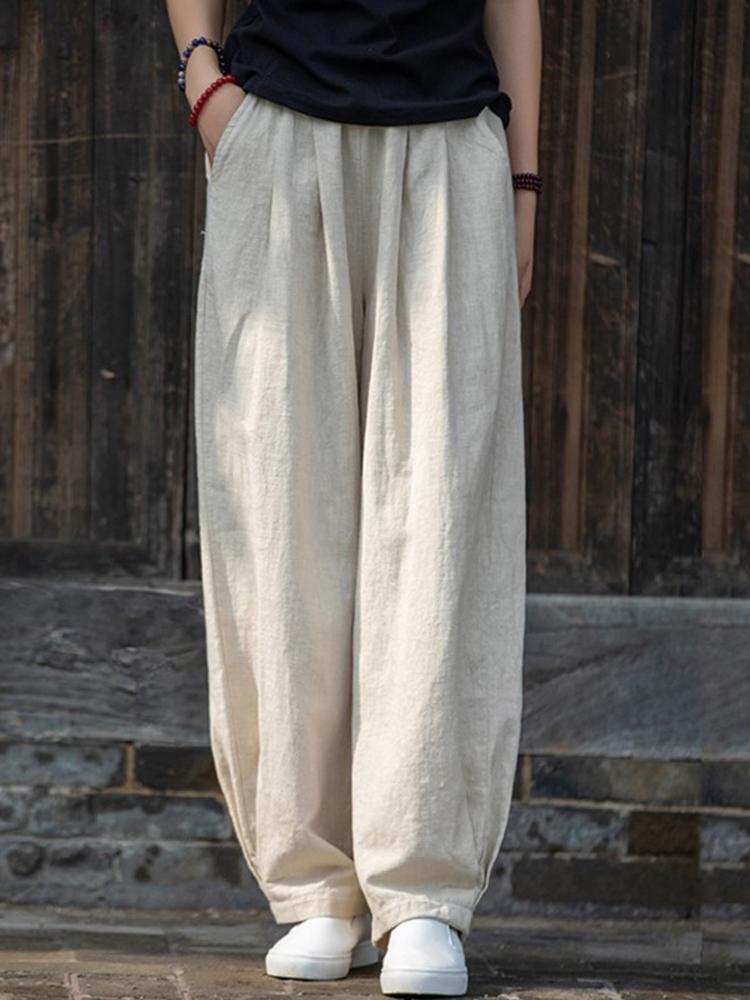Johnature Women Loose Cotton Linen Casual Pants Solid Color Elastic Waist Lantern Pants Spring Female Trousers