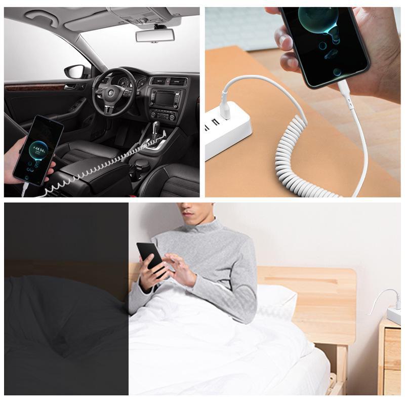 66W Rapid Charging Car Spring Data Cable for Apple, Type-C, and Android Devices
