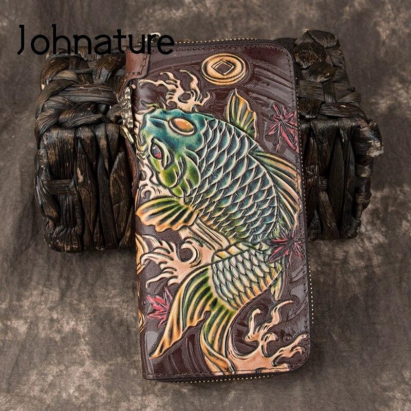 Johnature Luxury Hand Wallet Retro Handmade Embossing Genuine Leather Men Women Wallets And Purses Wallet Card Holder