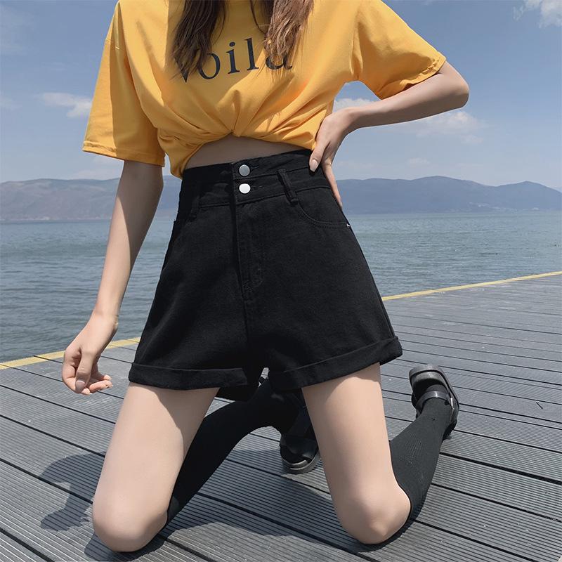 Женские джинсовые шорты А-силуэта с высокой посадкой - Мода лето 2021, Свободный крой, Подвернутый край, Стройнящие хот-пэнтс