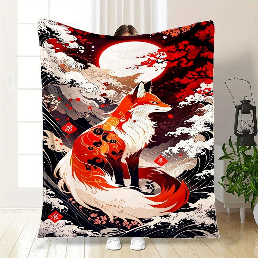 Japanese Fox Waves Art Print PosterBlanket Flannel Throw Blanket for Sofa, Bed, Travel, Camping, Office, Couch, Chair, And Bed Gift for Chri