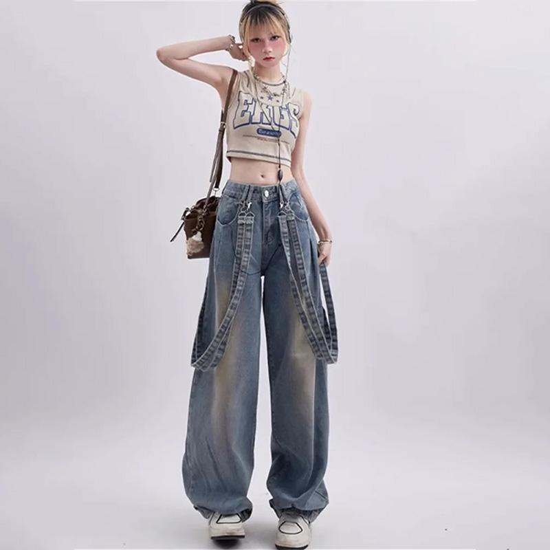 90s Vintage Blue Jeans Women Y2K Korean Fashion Retro Wide Leg Overalls Oversized Harajuku Hippie Streetwear Denim Pants