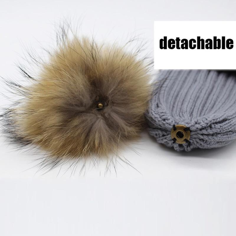Зимняя детская шапка, теплые вязаные шапки для детей, шапка-бини из натурального меха с помпоном, однотонная детская шапка для девочек и мальчиков