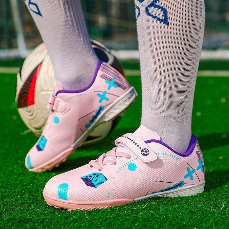 Boys Soccer Shoes TF Shredded Nails Kids Student Girls Velcro Leather Lawn Training Sneakers