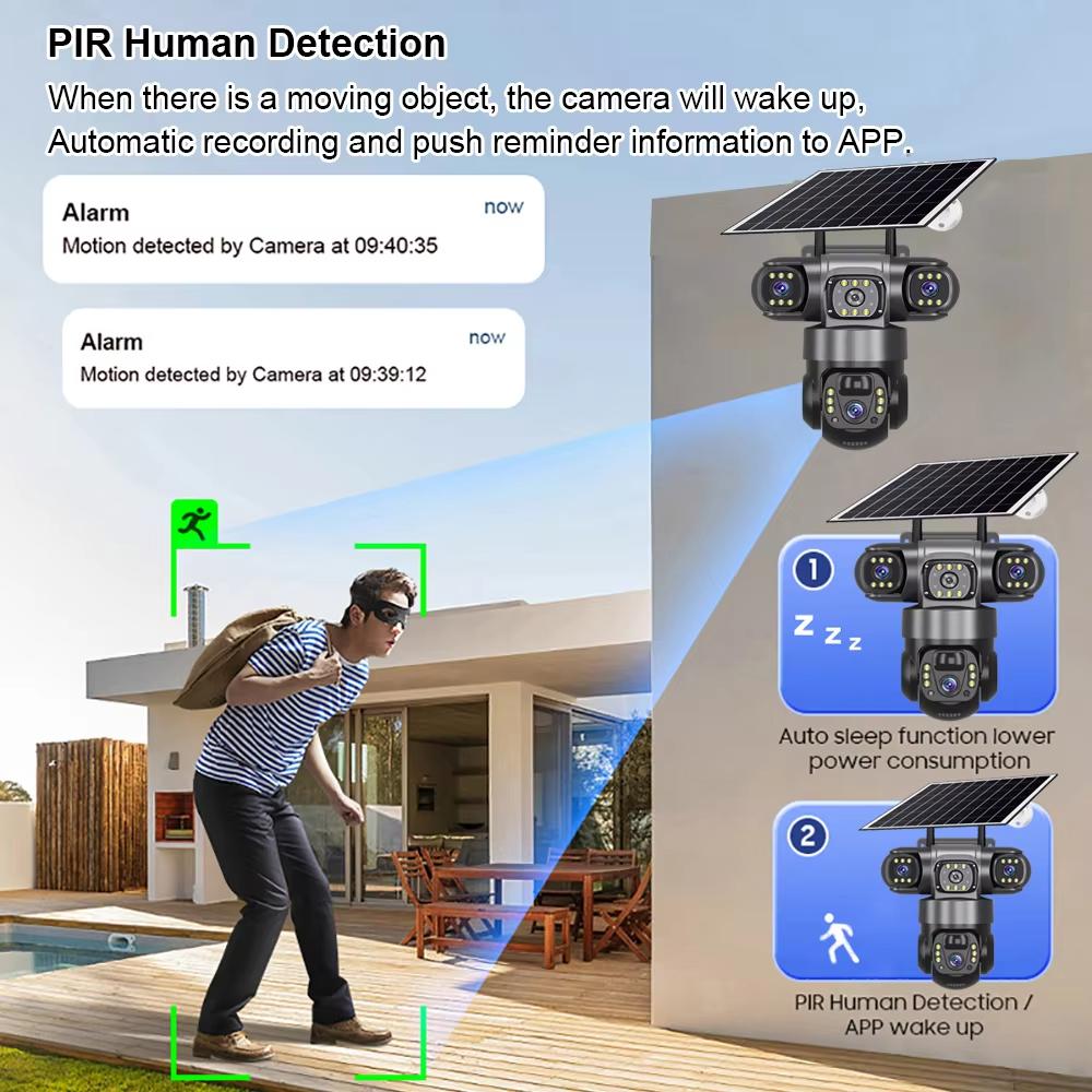 LS VISION 4G 12МП Солнечная камера SIM-карта 3 объектива Наружное наблюдение Водонепроницаемая PIR Обнаружение человека CCTV Ночное видение PTZ-камера Встроенный аккумулятор