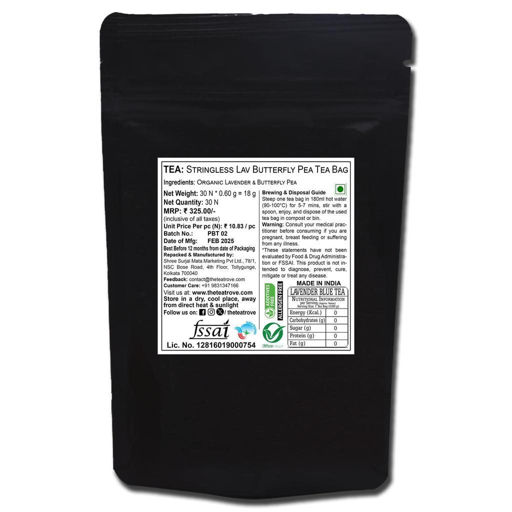 The tea trove Чайные пакетики с цветками синего клитории и лавандой - 30 экологически чистых пакетиков с чаем из лаванды в закрывающемся пакете - Без кофеина, синий клиторий для напитков