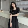 HOUZHOU черное платье с короткими рукавами, женское милое кавайное летнее корейское элегантное платье миди с высокой талией и квадратным воротником