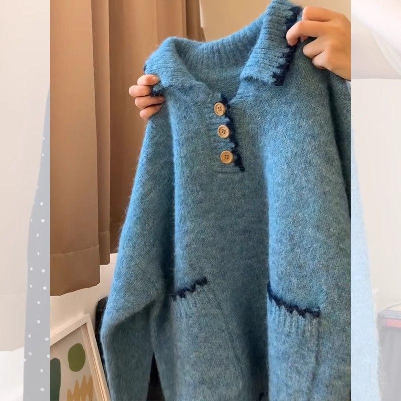 Ретро свитер с минималистичным сладким колор-блоком, кружевным воротником поло, ленивый, стройнящий, повседневный, универсальный трикотаж