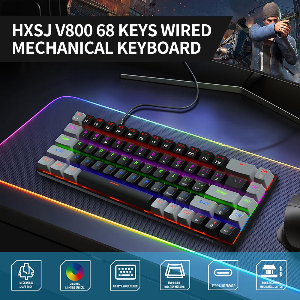 HXSJ Проводная механическая клавиатура V800, игровая клавиатура с 68 клавишами, RGB-подсветкой и съемным кабелем Type-C из АБС-пластика