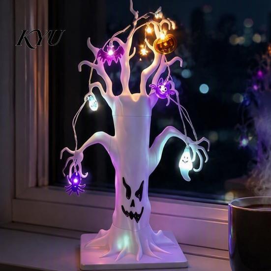Desktop Decorations for Home Halloween Lighted Ghost Tree Centerpiece with LED Lights, Pumpkin Bat Reusable Plastic Holiday Decor Spider Light String,