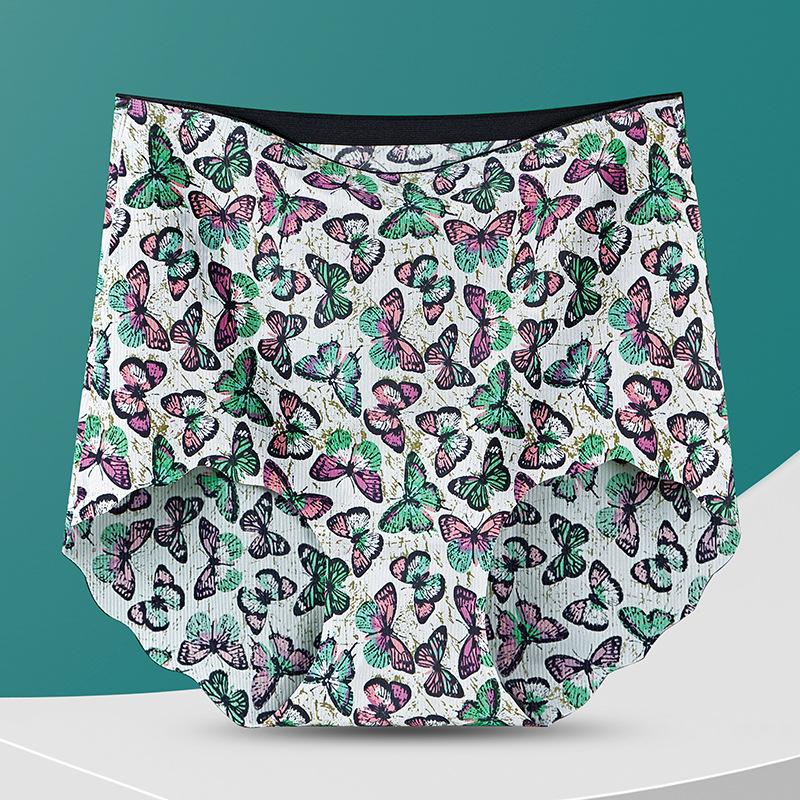 Printed Seamless High Waisted Underwear for Women Made Silk Waist Cinching Hip Lifting Design Large Size Summer Thin Cotton Crotch Triangle Panties