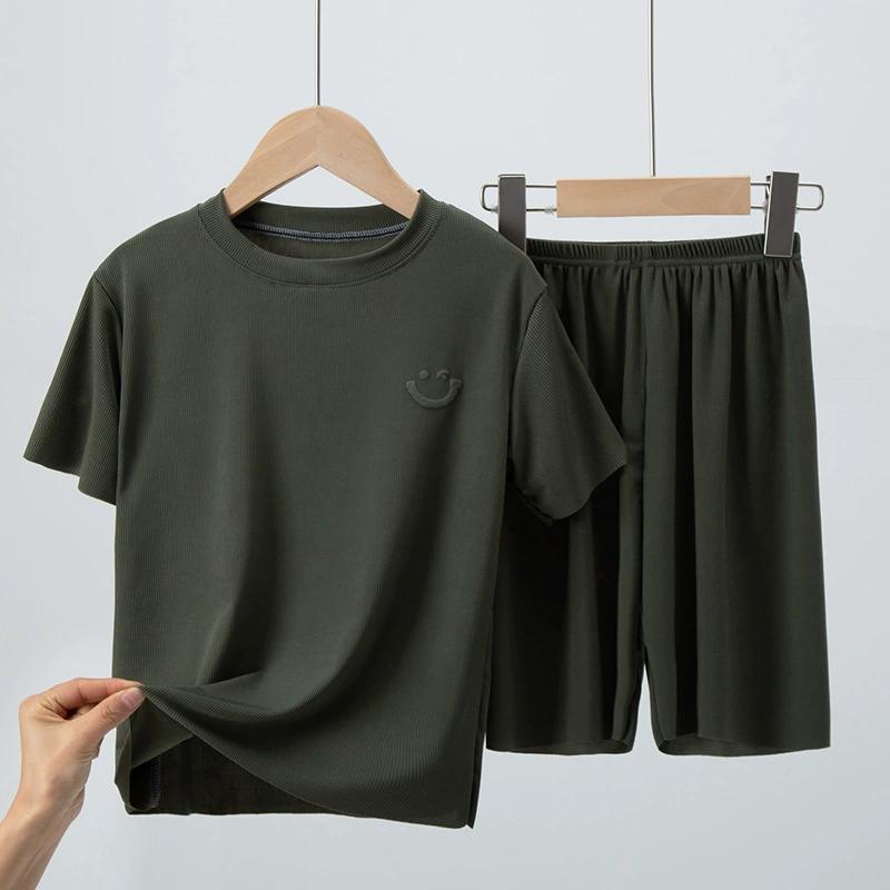 Children's Short-sleeved Suit T-shirt Ice Silk Big Children Girls Boys Baby Pajamas Summer Thin Two-piece Home Service
