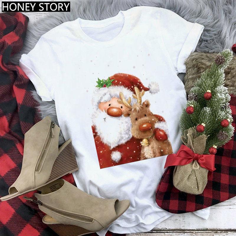 Kawaii Cartoon Merry Christmas Tree Graphics Women T-Shirts 90S Summer Short Sleeves Loose Round Neck Female Y2K Tops