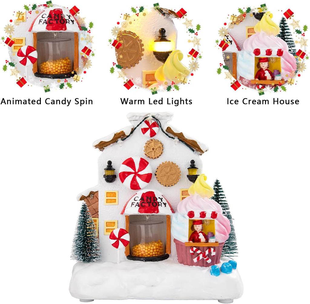 Christmas Village Gingerbread House Warm LED Lights Up Candy Factory Battery Operate Figurine Building Christmas Home Decoration