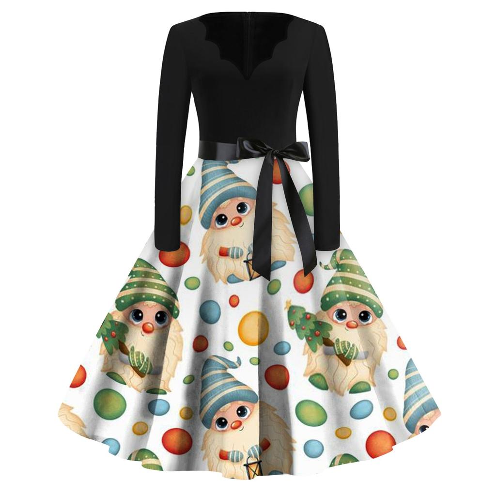 Women's Casual Fashion V Neck Long Sleeve Christmas Printed Vintage Long Dress