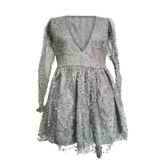 Вечернее платье с глубоким V-образным вырезом, прозрачным сетчатым платьем А-силуэта, коротким платьем с длинными рукавами-фонариками для выпускного вечера и коктейльной вечеринки