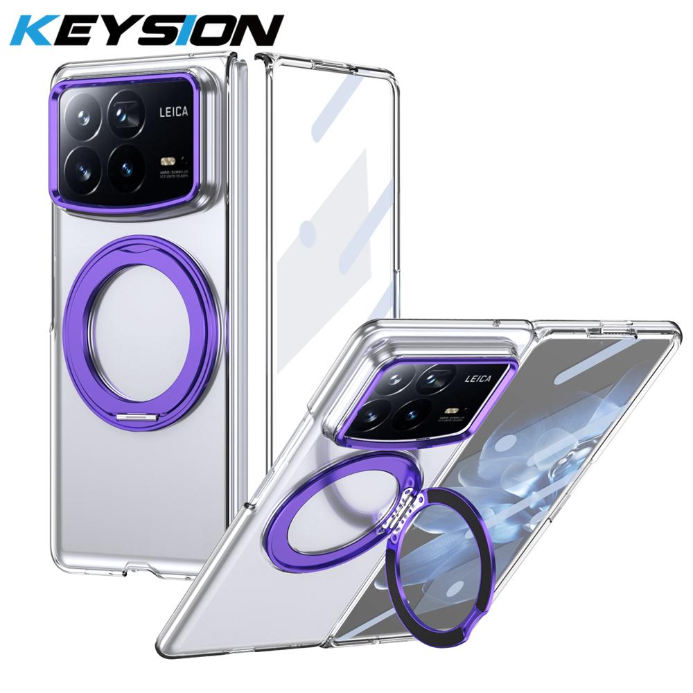 KEYSION Чехол-подставка с магнитным кольцом, вращающимся на 360°, для Xiaomi MIX Fold 4, прозрачная жесткая ПК-накладка для телефона со стеклянной защитной пленкой для экрана