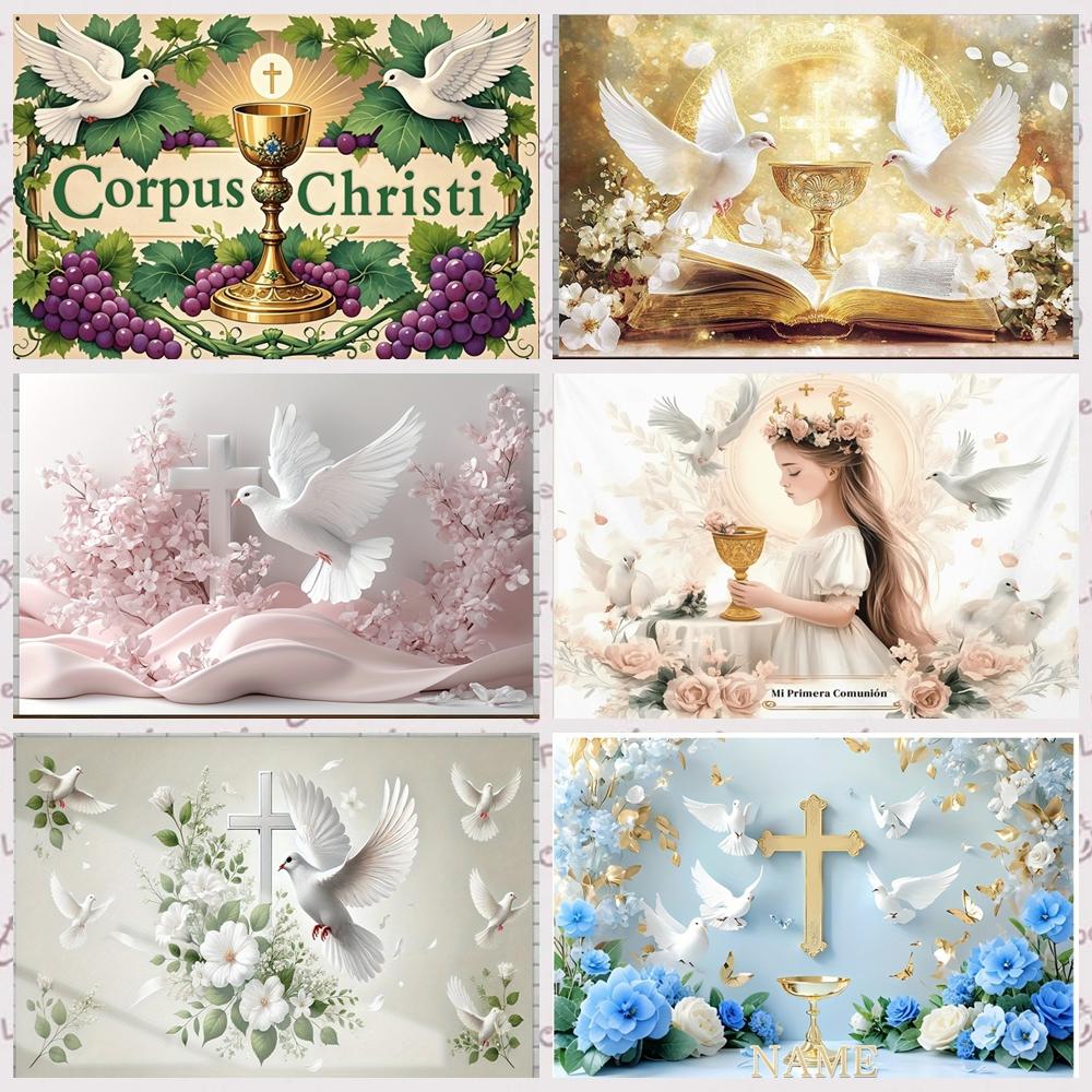 Golden cross white dove my first communion background girl boy baby christening party baby shower decoration background props