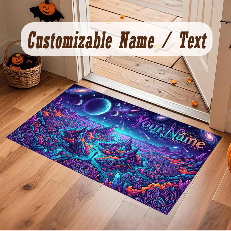 Space Cosmic Theme Crystal Velvet Floor Rug Personalized Custom Name Text Warm Carpet Home Decoration