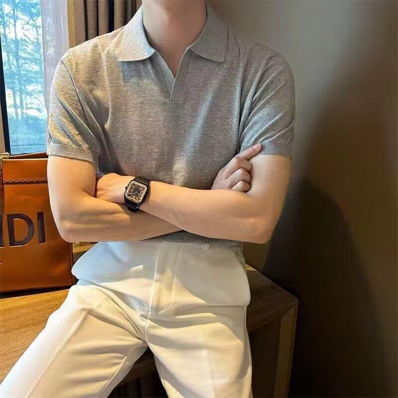 Men's Summer Ice Silk Knitted Slim Fit Polo Shirt - Short Sleeve, Pure Color, Casual Lapel T-shirt