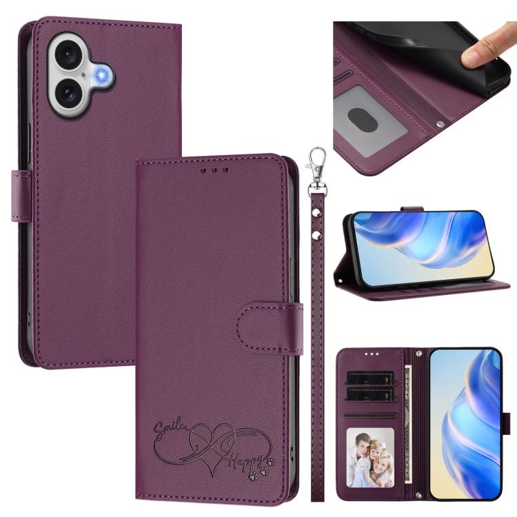 Happy Heart Pattern Magnetic Closure Vegan Leather Phone Case With Wrist Strap For iPhone Shockproof Protective Cover