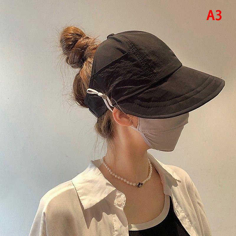 Foldable Wide Brim Ponytail Sun Hat Drawstring Adjustable Cap For Women Beach Hat Summer Quick-Dry Visor Fisherman Cap