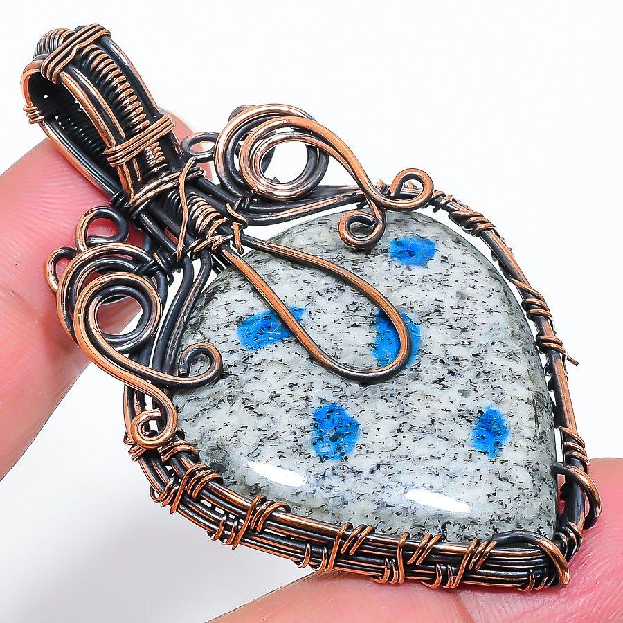 Natural K2 Azurite Gemstone Handmade Copper Wire Wrap Gift Pendant 2.48" g0W39
