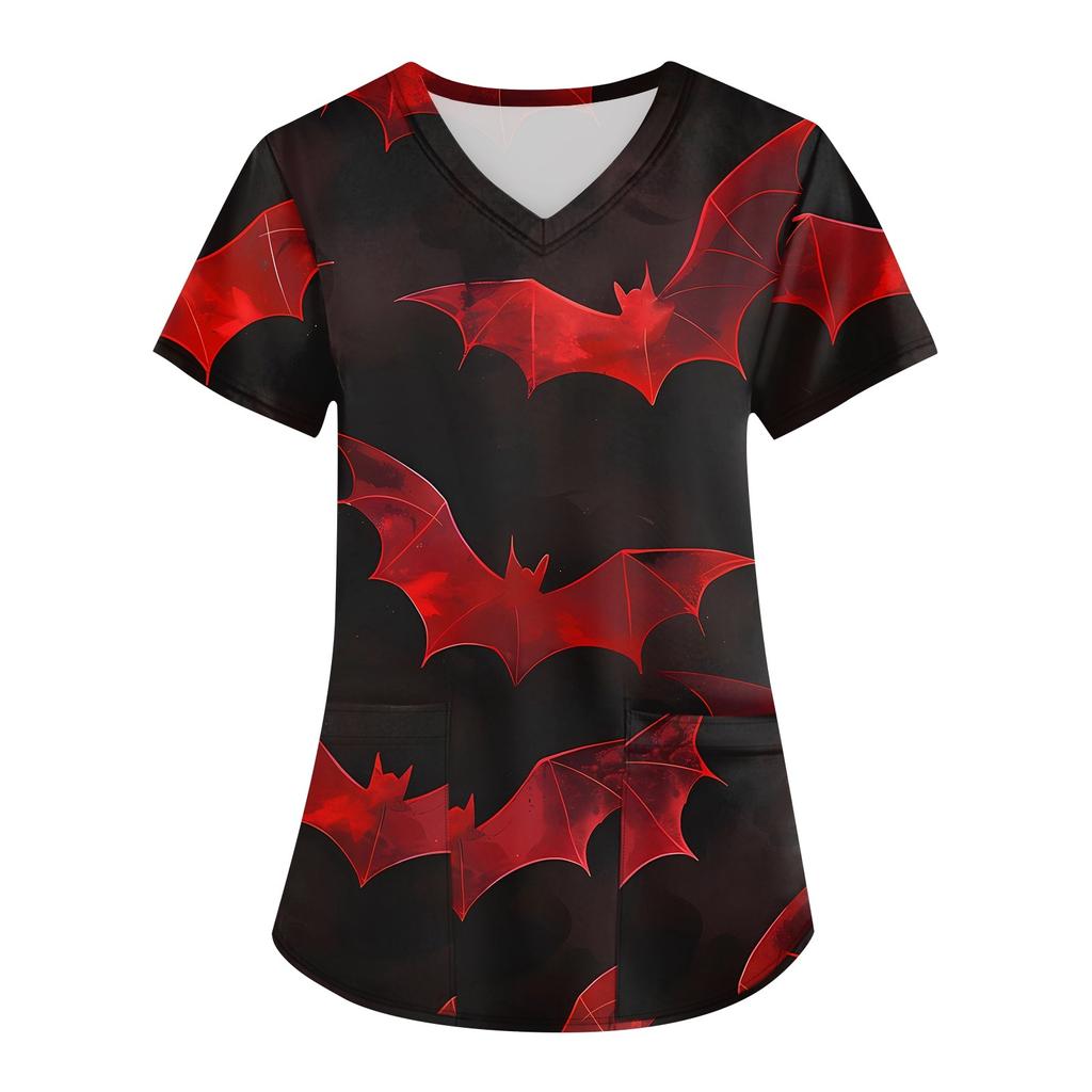 Женская мода V-образным вырезом с короткими рукавами и карманами Топы с принтом на Хэллоуин