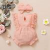 Комбинезон для новорожденных с бантом, кружевной боди с оборками на рукавах для девочек от 0 до 12 месяцев, комбинезон с круглым вырезом на кнопках для новорожденных, летний наряд для фотографий