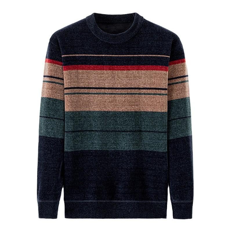 Мужской зимний теплый свитер на флисовой подкладке - пуловер с круглым вырезом и геометрическим узором, повседневный трикотажный топ с длинными рукавами, стандартный крой для выходов и выходов