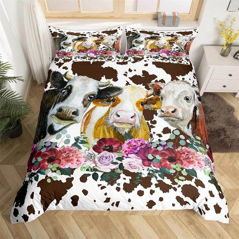 Пододеяльник из коровьей шкуры Highland, комплект постельного белья из микрофибры в стиле вестерн-фермерства с животными, леопардовый мех коровьей шкуры, цветочный принт, покрывало