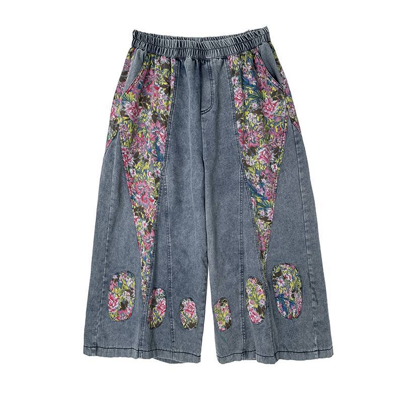 High Waist Wide Leg Denim Pants Women Arrival Vintage Style Patchwork Floral Print Loose  Casual Jeans