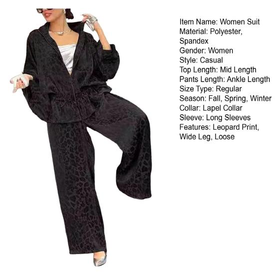 Комплект из 2 предметов: женская рубашка и брюки, леопардовый принт, застежка-молния, длинный рукав, плиссированный топ, свободные широкие брюки, рабочая одежда для поездок на работу