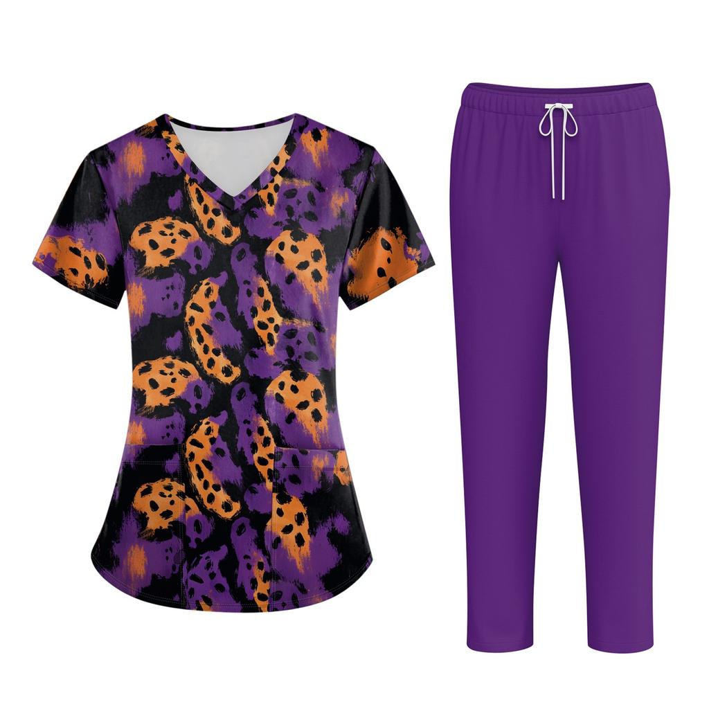 Плюс размерСкраб с принтом Рабочая форма Топы для женщин Крест V-образным вырезом Хэллоуин Принт с короткими рукавами Забавные футболки Спецодежда Футболка с карманами