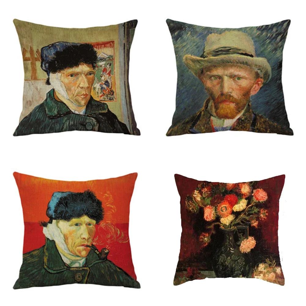 Van Gogh Painting Pillow Case Home Decor Linen Cushion Cover for Sofa Aesthetic Pillow Cover Star Night Sunflower Self-portrait