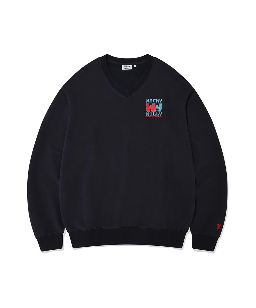 WACKY WILLY Color Logo V-Neck Sweatshirt Navy