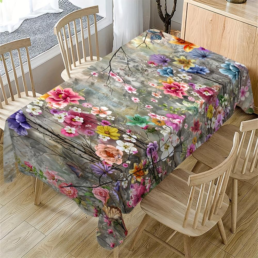 1pc Modern Art Rectangular Tablecloth - Vintage Floral Print with Vibrant Colors, Durable Polyester Fabric for Indoor/Outdoor Use, Kitchen Dining Tabl