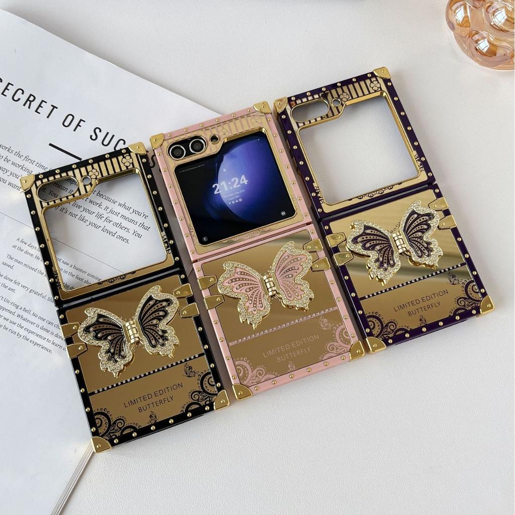 Samsung Z Flip6 Folding Screen Mobile Phone Case Suitable for ZFlip3 4 5 Mirror Butterfly Diamond Inlay Bracket Protection Case