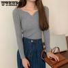 Свитер женский пуловер с V-образным вырезом и длинным рукавом вязаный свитер тонкий корейский тонкий однотонный базовый трикотажный джемпер осень и зима