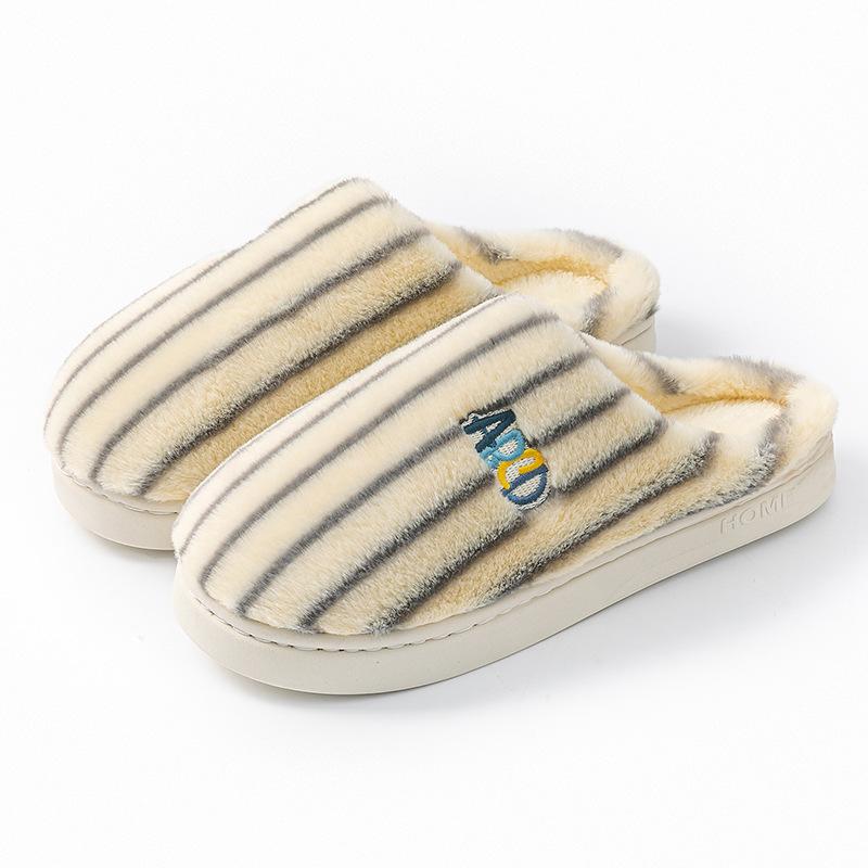 Cotton Slippers Autumn and Winter Indoor Home Non-slip Thick Bottom Couple Style Velvet Warm Color Striped Cotton Mop