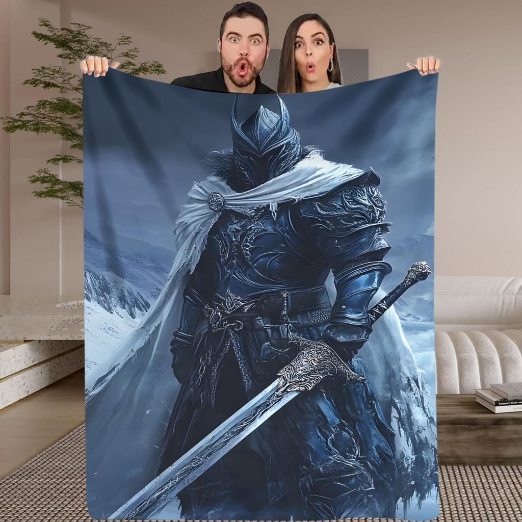 1pc Ice Knight Digital Printed Design Pattern Blanket - All-Season Soft Flannel Throw with 3D Armor & Sword Art Design, Mixed