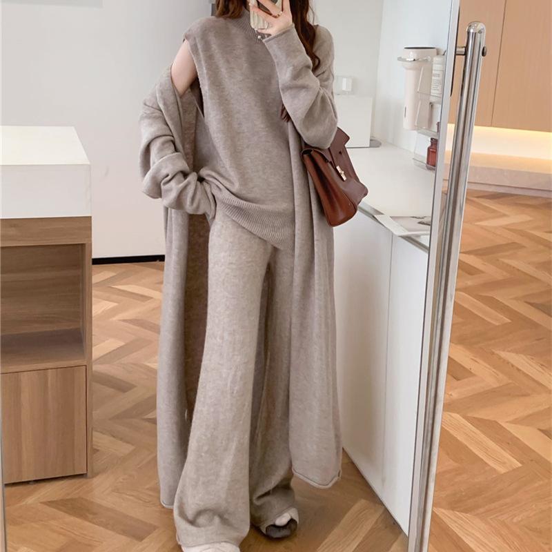 Европейская коллекция andn spot 2024 года, осенне-зимний комплект из жилета, длинного свитера, вязаного свитера и широких брюк, комплект из трех предметов, черный, один размер