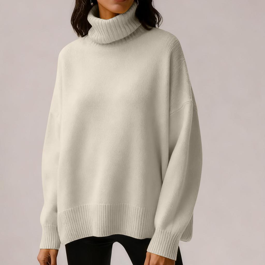Women's Solid Color High Neck Pullover, Solid Color Loose Knit Sweater