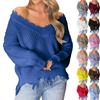 Women's Fashion Strapless Loose Deep V-neck Irregular Fringe Knit Personalized Sweater