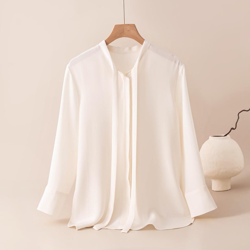 Spring drape satin shirt long-sleeved temperament shirt bow streamer professional wear thin temperament top