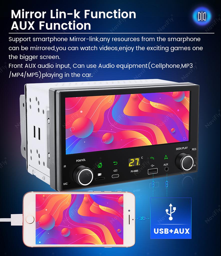 NaviFly для универсального 6,86-дюймового сенсорного экрана HD CarPlay Auto 2 Din автомобильный мультимедийный видеоплеер с поддержкой зарядки мобильного телефона GPS BT