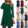 Women's Round Neck Loose Fitting Casual Long Sleeved Solid Color Medium Length T-shirt Top