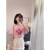 Women Watermelon Flower Letter Graphic Crew Neck Roll Cuff Short Sleeve T-shirt