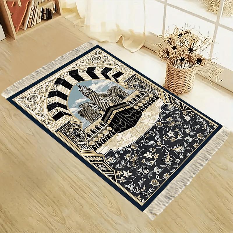 Vintage Salat Mat Mecca Print Fringed Foldable Portable Prayer Rug Hajj Umrah Home Worship Carpet
