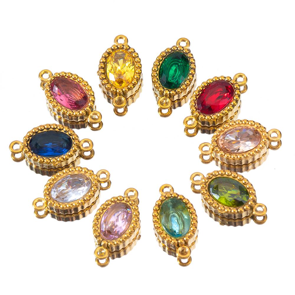 10pcs Colorful Crystal Charm Double Holes Bracelet Connector Stainless Steel Necklace Earring Oval Pendants DIY Jewelry Findings